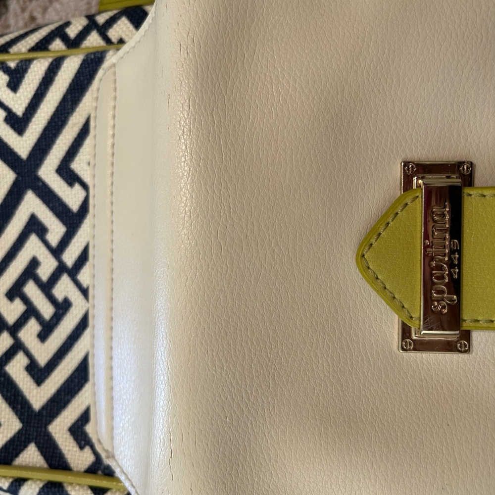 Spartina 449 Leather Crossbody, Blue on Cream Geometric Design, Lime Green Trim - Picture 8 of 9